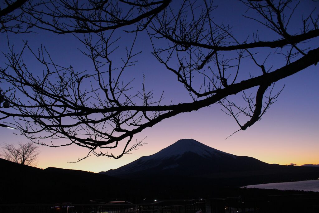 薩埵峠(さったとうげ)から望む夕暮れの富士山と、東名高速道路を走る車の光跡(レーザービーム)。静岡県由比の海岸線と駿河湾を背景にしたドラマチックな夜景。