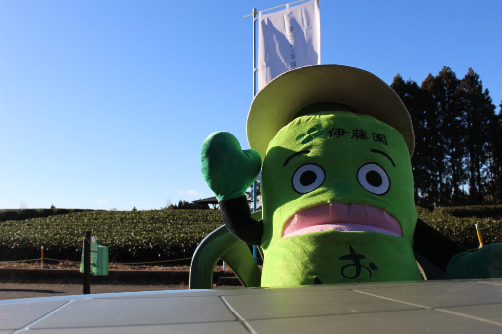 大淵笹場の休憩スペースにあるテラス席でくつろぐ、「お〜いお茶」の公式キャラクター「お〜いお茶くん」。茶畑を眺めながら一息つける現地の雰囲気を紹介。