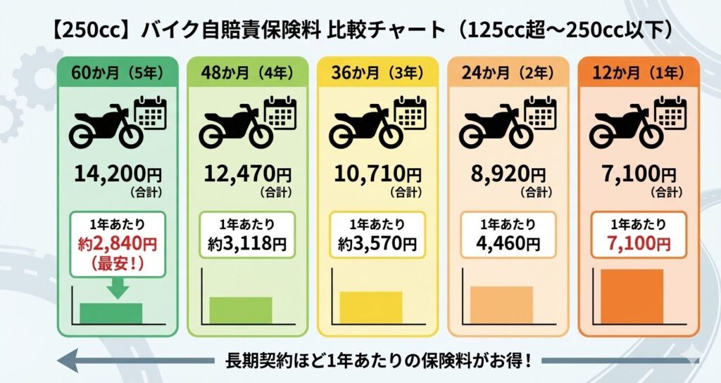 250ccバイク(125cc超〜250cc以下)の自賠責保険料を1年から5年まで期間別に比較した図解チャート。長期契約ほど1年あたりの保険料がお得になることを示しています。