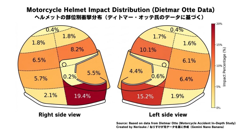 ディトマー・オッテ(Dietmar Otte)氏の事故調査データに基づき、ねりすけが作成したヘルメットの部位別衝撃分布図。チンガード(アゴ部分)への衝撃確率が合計34.6%に達することを、右側面・左側面の視点から視覚化した安全啓発用インフォグラフィック。