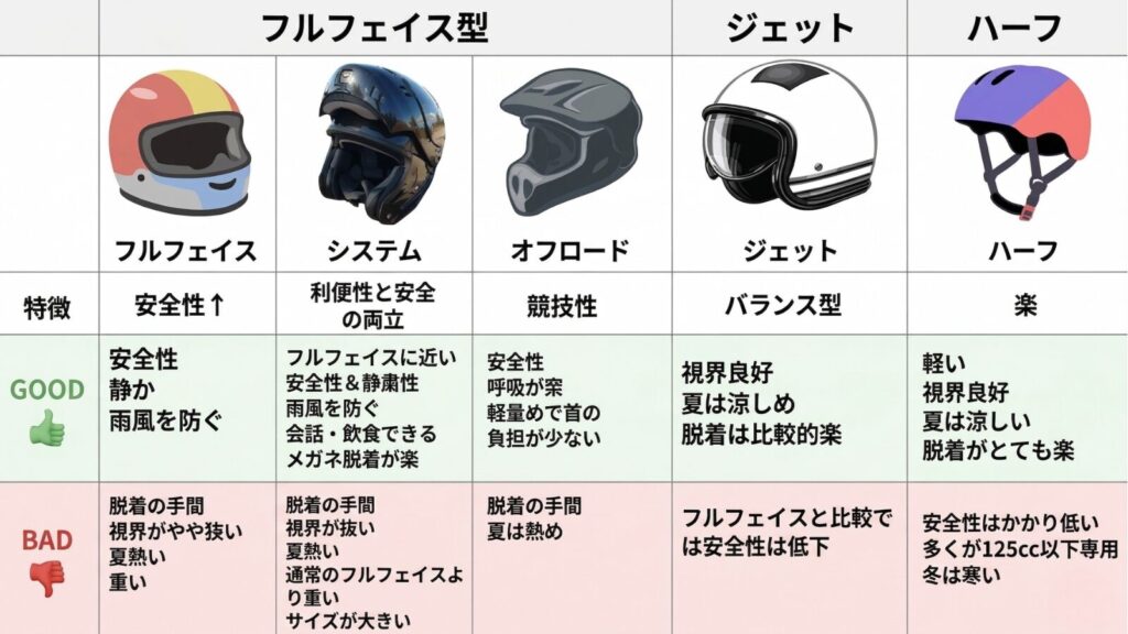 バイク用ヘルメットの5つの主要タイプ(フルフェイス、システム、オフロード、ジェット、ハーフ型)を比較した図解チャート。それぞれの安全性、静粛性、利便性、脱着のしやすさなどのメリット・デメリットを一覧表形式でまとめています。