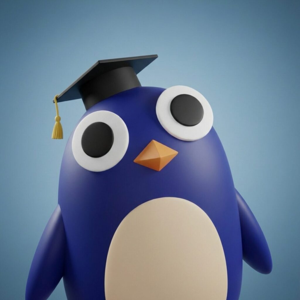 ブログの解説役を務める、学士帽をかぶった可愛い「ペンギン博士」のAI生成3Dキャラクター。