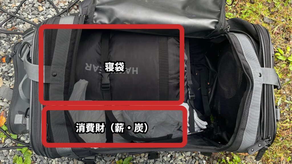 CB250Rにキャンプ装備をフル積載したパッキング実例を紹介する記事のうちの1枚。バイク専用のシートバッグにどうキャンプギアを詰め込んでいるかを紹介している図。