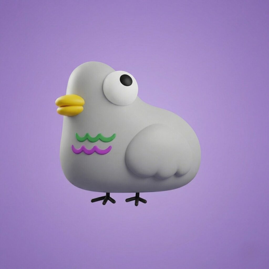 オリジナルキャラクター「ハトやん」の公式プロフィール画像。3DCGで描かれた、丸っこいフォルムと大きな目が特徴の鳩のマスコット。紫色の背景に、グレーの体と黄色いクチバシ、首元のカラフルな模様が描かれたバージョン。