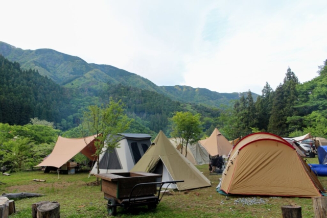 WOODSMAN CAMPGROUNDの広大なメインサイト。豊かな山並みを背景に、様々なテントやタープが美しく並ぶ開放的で賑やかなオートキャンプエリア。