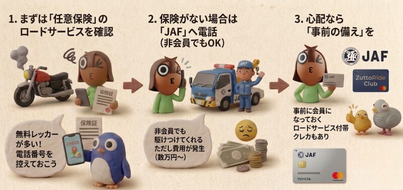 バイクが旅先で動かなくなった際のロードサービス利用手順。任意保険の無料レッカー確認、JAFへの連絡、事前の会員登録や付帯クレカでの備えを解説した図解。