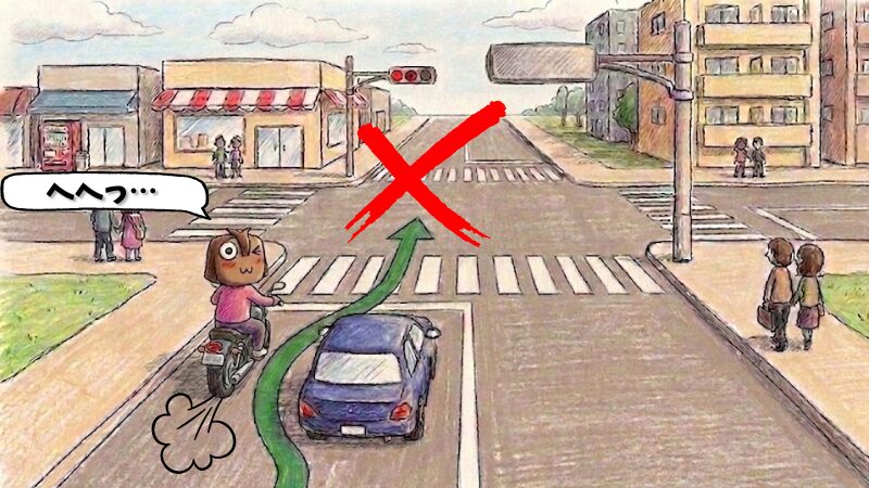 渋滞を避けるために路側帯に進入して走行するバイク。ライダーが混同しやすい「路肩」と「路側帯」の違いや、歩行者との接触を未然に防ぐための安全運転マナーを啓発する手書き風イラスト。